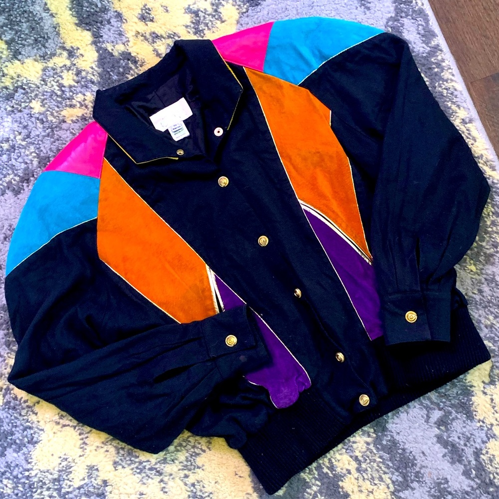 Vintage 90s Cache COLOR-BLOCK Gold Snap Jacket, Size Small Padded Shoulders